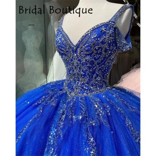 Princess Royal Blue Quinceanera Dresses Spaghetti Straps Beaded Sweet 16 Dress Vintage Corset Back Prom Gowns