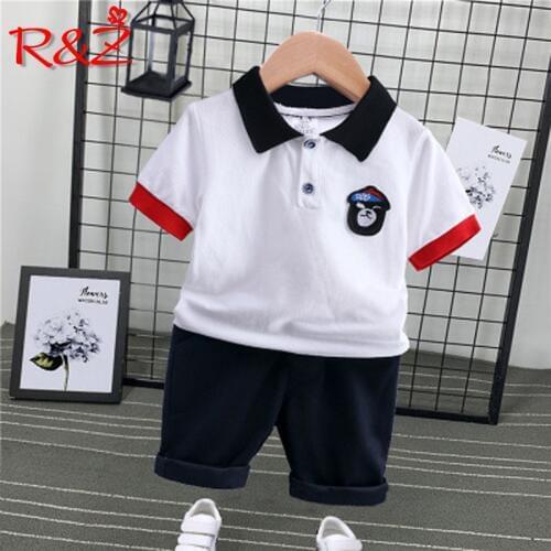 R&Z Childrens Set 2019 New Boys Summer Set Lapel Short Sleeve Cartoon Stitching T-Shirt Five Pants Casual Two-piece Set