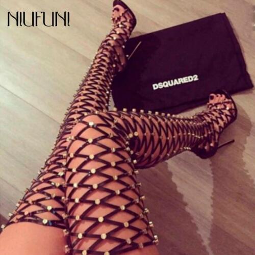 Over The Knee Boots Hollow Sandals Boots Gladiator High Heels Rivet Night Club High Boots Fashion Tassel Lace Up Party Shoes