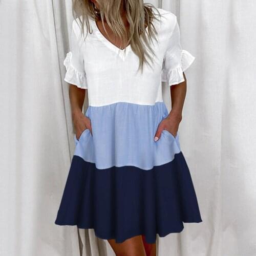 WYWMY Mini Dress Summer 2021 New Women V-Neck Patchwork Printed Short Sleeve Pleated Ruffles Beach Dress Female Pocket Plus Size