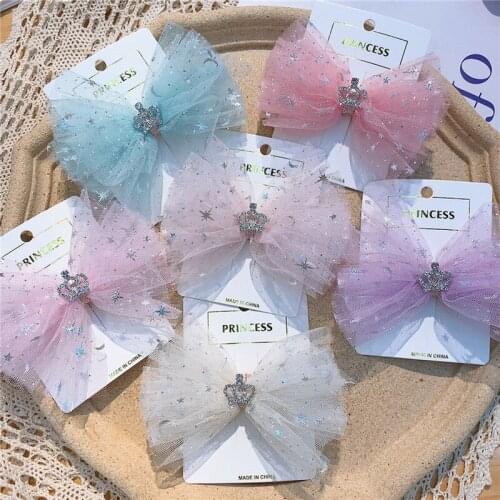 2021 New Korea Fashion Childrens Crown Hairpin Sweet Girl Princess Simple Beautiful Colorful Yarn Bow Duckbill Clip Headwear