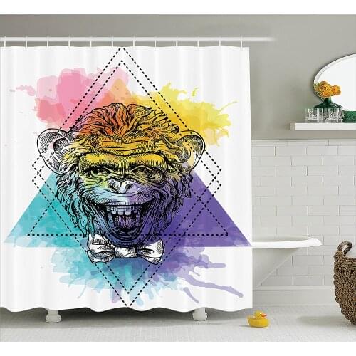 Sketchy Shower Curtain Funny Monkey Animal with a Bowtie on Geometric Artistic Watercolor Style Backdrop Bathroom Curtains