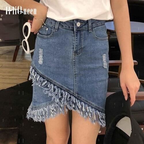 2021 Spring Summer Streetwear Women Splicing Irregular Cross Hem Tassel Slim A-line Midi Denim Skirt Slim High Waist Jean Skirt