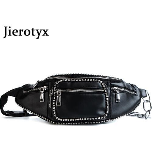 JIEROTYX Leather Waist Bag Women Luxury Brand Waist Fanny Packs Belt Bag Chest Handbag Black Color Sexy Rivets Punk Gothic