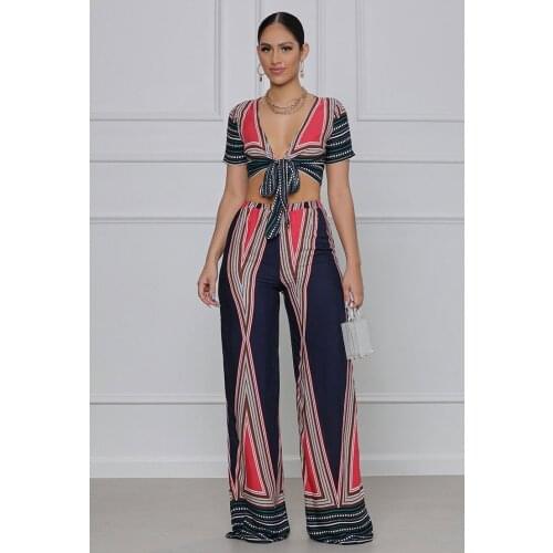 2021 Summer Womens New Fashion Temperament Sexy V Collar Top + Loose Long Pants Two Piece Sets