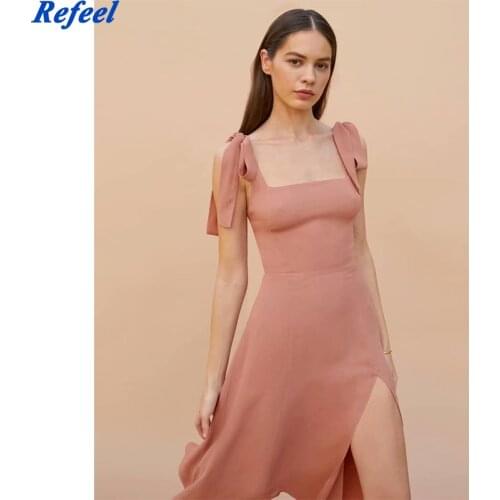 2021Nude Pink Tied Long Dress Women Square Collar Vintage Summer Dress Backless French Style Party Dresses Holiday