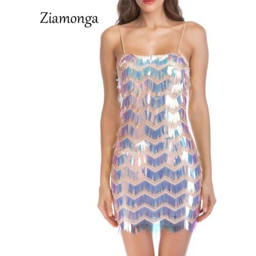 Ziamonga Sexy Strap Sequined Bodycon Party Dress Mesh Splice Backless Mini Short Dress Elegant Geometric Summer Women Dress 2019