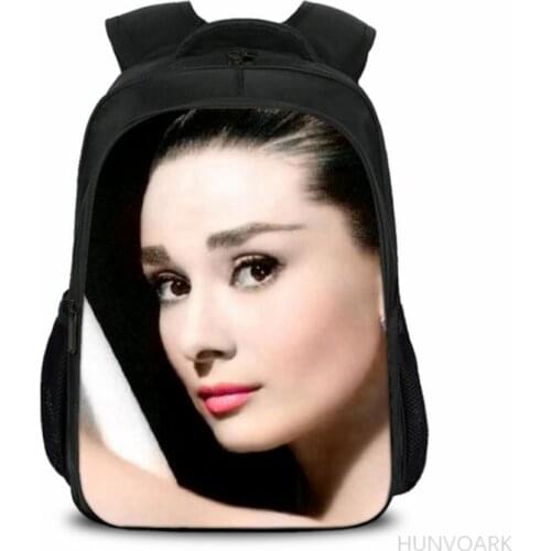 16 inch Hepburn Printing Satchel Laptop Rucksack Kids Boys Girls School Shoulder Bags Student Daily Travel Knapsack Mochila