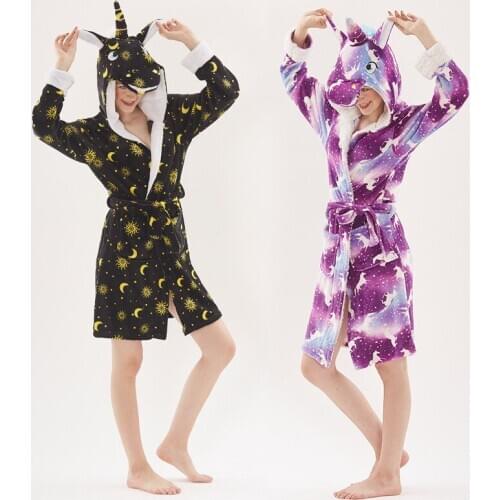 2020 Cute Unicorn Flannel Robes Sleepwear Unisex Adults Animal Cartoon Homewear Women Warm Hooded Pockets Knee-length Pajamas