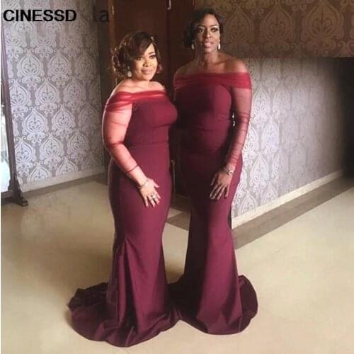 2021 Burgundy Mermaid Bridesmaid Dresses for African Black Girls Long Sleeves Boat Neck Satin Wedding Party Dress Women Gowns