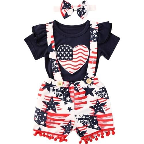 2020 0-24M Toddler Infant Baby Girl Clothes Set 4th July Summer Short Sleeve Heart Bodysuit Strap Shorts Headband 3PCs Outftis