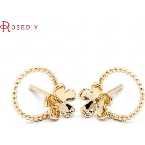 39463)6PCS 13x10MM 24K Gold Color Brass with Beads Caps Stud Earrings Pins Earrings Jewelry Making Supplies Diy Accessories