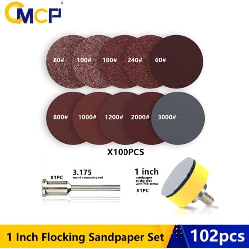 CMCP 102pcs 25mm Sanding Discs With 1" Abrasives Hook Loop Backer Plate And 1/8inch Shank Set For Polishing Tools 80-3000 Grit