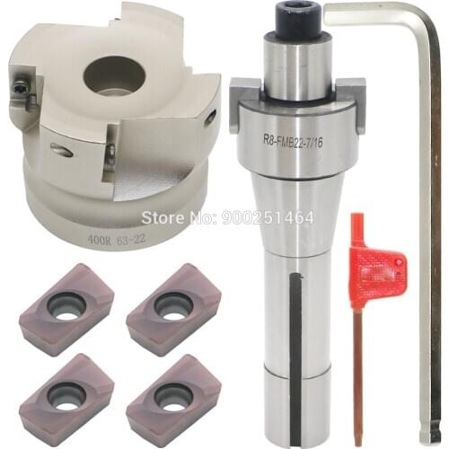 Face Milling Cutter Holder 90 Deg 400R 63-22 + R8-FMB22-7/16 + APMT1604 Hard Alloy Blade, Suitable for CNC Machine Processing