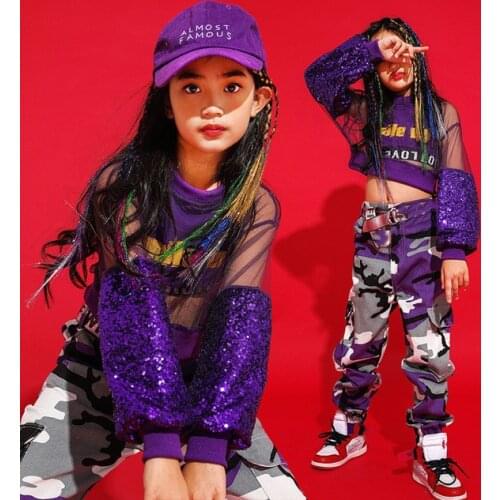Kids Jazz Dance Costume Purple Girls Dancing Top Camouflage Pants Hip Hop Performance Clothing Street Dance Practice Wear