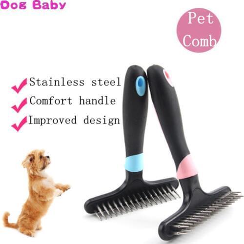 DOGBABY Pet Dog Hair Comb Cat Grooming Brush Stainless Steel Rake Comb For Long Short Thick Hair Dog Pink Blue Color Clean Tool