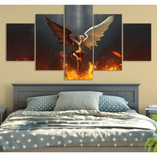 Devil and angel love Black White Feather Angel Wings Canvas painting 5 pieces Wall Art HD Print Poster On Pictures Home Decor
