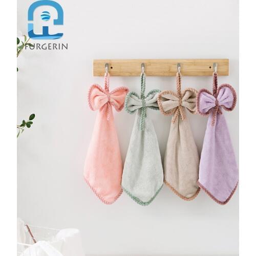 FURGERIN Bowknot Face Towels Bathroom Hand Towel Kids hanging hand towels for kitchen soft quick-dry pink towel velvet