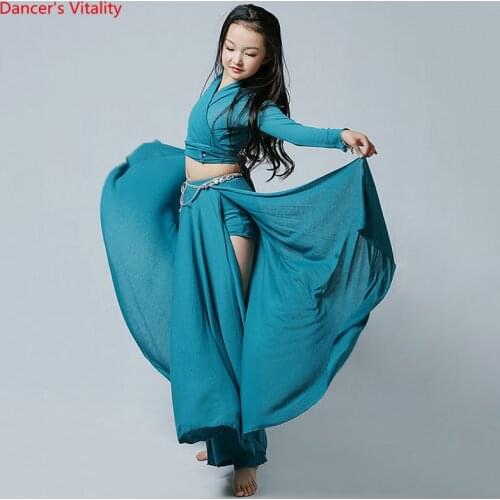Belly Dance Set V-Neck Top Long Sleeve Split Big Swing Skirt Practice Clothes Child Oriental Dancing Performance Clothing Suit