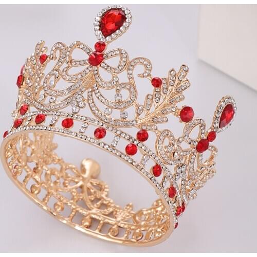 Luxury Round Red Rhinestone Crystal Wedding Crown Bride Tiaras And Crowns Diadem Bride Crown Bridal Hair Jewelry Accessories