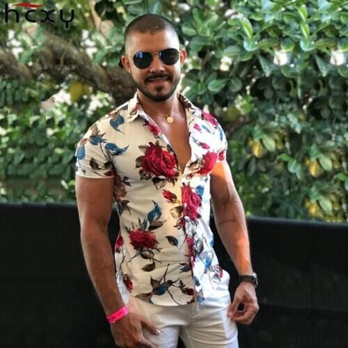 HCXY 2020 Summer Fashion Mens Shirt Slim Fit Short Sleeve Floral Shirt Mens Clothing Trend Mens Casual Flower Shirts Size M-7XL