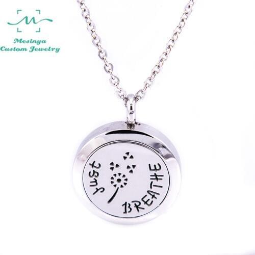 10pcs Mesinya 1'' Just Breathe Aromatherapy / Essential Oils Surgical Stainless Steel Diffuser Locket With Shiny Chain Necklace