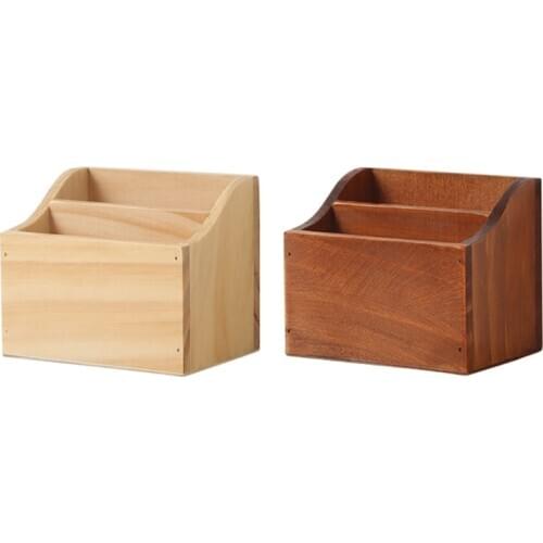 Desktop Organizer Retro Wooden Storage Box Remote Control Phone Pen Holder 2 Grid Jewelry Container
