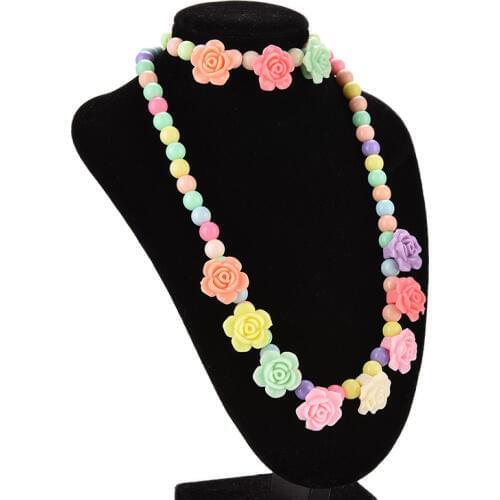 Pastel Toddler Kids Necklace Baby Girls Rose Flower Necklace 43cm Fashion Girls Bracelet Jewelry 15cm Party Favor