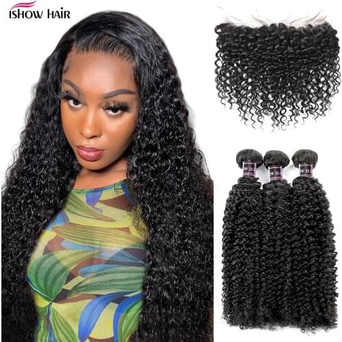 Ishow Peruvian Kinky Curly Hair With Closure Pre Plucked Lace Frontal With Bundles 100% Remy Human Hair Bundles With Closure