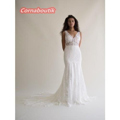 Simple Rustic Wedding Dress COR-011 Plunging Neckline Mermaid Skirt Soft lace Bridal Gowns Custom Made Vestidos Mariage