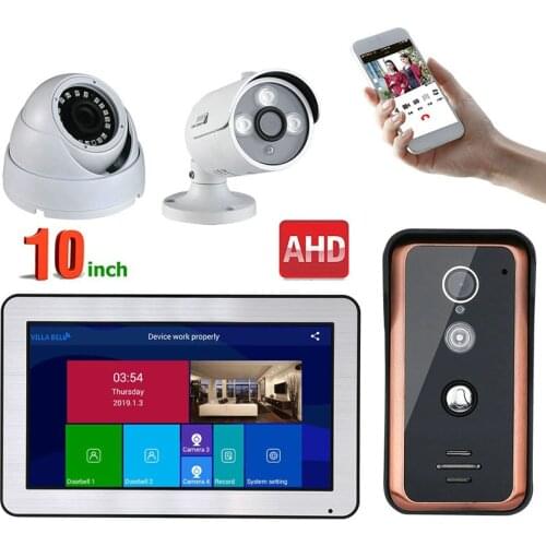 10 inch Wired Wifi Video Door Phone Doorbell Intercom Entry System and 2CH AHD Security Camera,Support Remote APP intercom