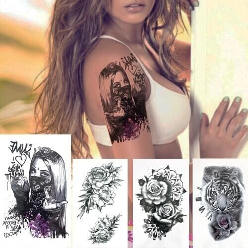 Custom Gangster Temporary Tattoos Sticker For Women Girls Waterproof Tattoo Realistic Fake Black Flower Rose Tiger Sexy Tatoos