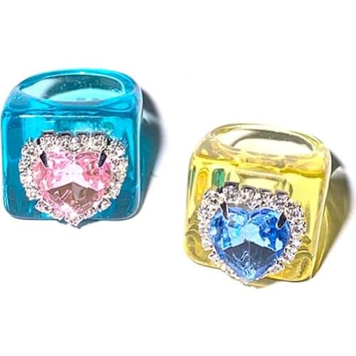 Y2k Jewelry Candy Color Shiny Crystal Ring for Women Acrylic Vintage Fashion DIY Harajuku Resin Ring Charms 90s Aesthetic Gifts