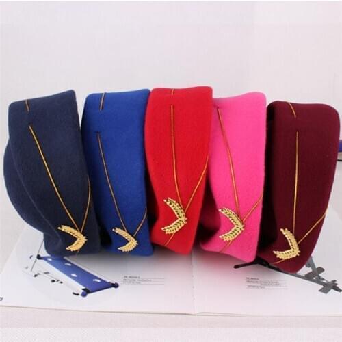 2020 Women Air Stewardess Hat Woolen Flight Attendant Hat Stewardess Cap for Costume Cosplay Musical Performance - Size M(Red)