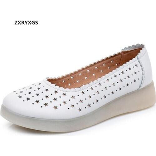 2021 New Breathable Hollow Genuine Leather White Shoes Woman Nurse Shoes Sandals Flat Soft Sole Comfortable Fashion Casual Shoes