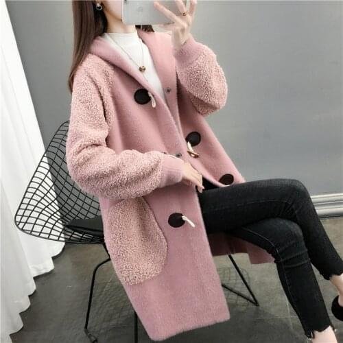 Imitation Mink Jacket Women Mid-Length Autumn Winter Coat Hooded Knit Sweater Cardigan Female Big Pocket Windbreaker Outerwear