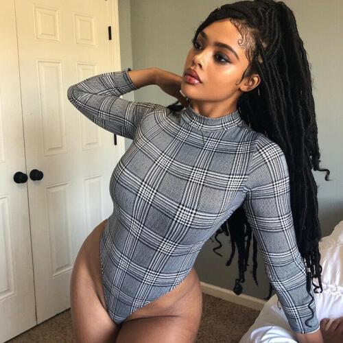 2020 Sexy Bodysuit Women Ladies Long Sleeve Plaid High Turtle Neck Bodysuits bodycon Leotard Tops body mujer Clothes Spring Hot