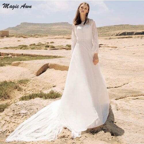 Magic Awn Simple Bohemian Wedding Dresses 2021 Full Sleeves Pearls Beaded Illusion Beach Mariage Gowns Vestidos De Novia