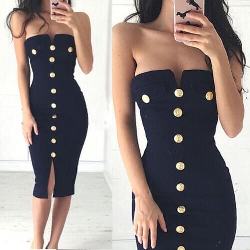 Women Ladies Bodycon Sleeveless Sexy Party Dress Button Solid Strapless Knee-Length Pencil Dress
