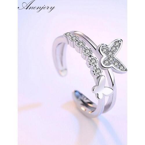 ANENJERY 925 Sterling Silver Newest Wedding Ring For Women Butterfly Zircon Opening Ring Valentines Day Present S-R132