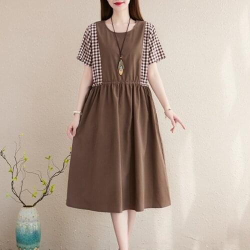 2021 New Arrival Loose Summer Dress Plaid Patchwork Cotton Linen Vintage Dress Plus Size Women Travel Casual Beach Style Dress