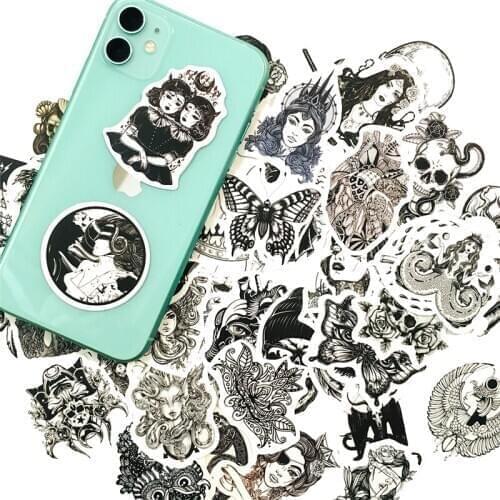 50pcs Black and White Gothic Style Girl and Skull Witch Graffiti Stickers Laptop Luggage Guitar Skateboard Car Decal Kids Toy
