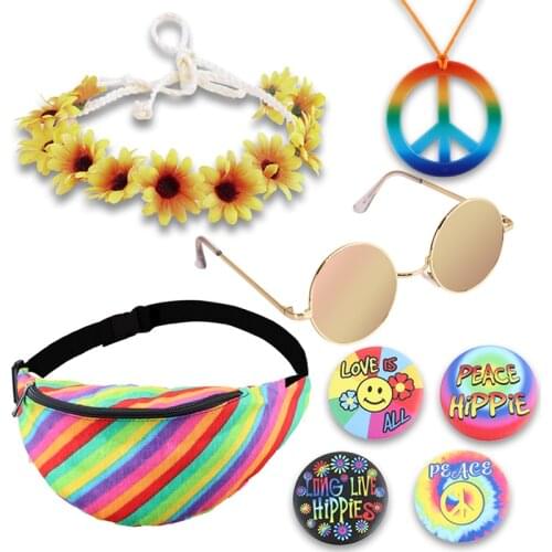 80s Hippie Costume Accessories Set Peace Sign Necklace Flower Crown Headband Rainbow Bag Hippie Style Cosplay for 60s 70s Party