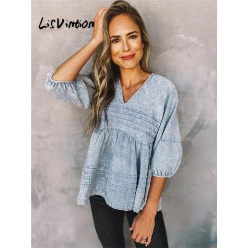 Lantern Sleeve Blouse Shirt Women Fashion Spring Autumn V-neck Denim Shirt Elegant Ladies Tops Female Clothing