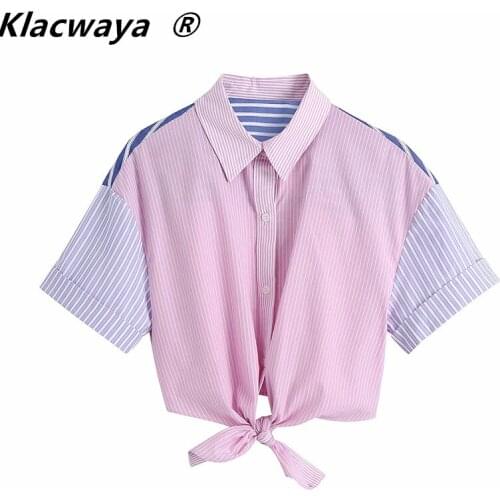 Klacwaya Women 2021 Fashion Patchwork Striped Loose Blouses Vintage Short Sleeve Button-up Knotted Hem Female Shirts Chic Tops