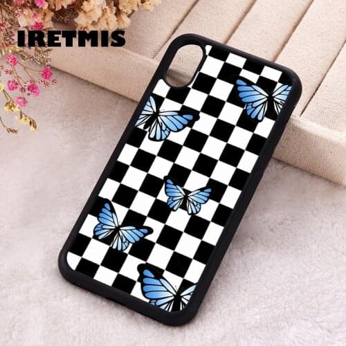 Iretmis 5 5S SE phone cover cases for iphone 6 6S 7 8 Plus X Xs Max XR 11 12 MINI Pro checkered board print with butterflies