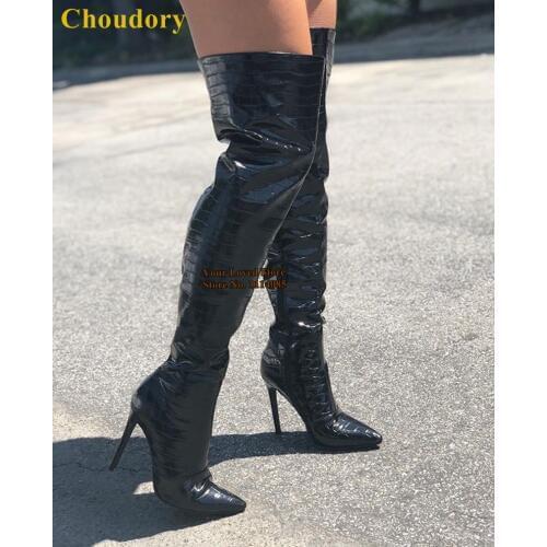 Choudory Black Patent Leather Snakeskin Thigh High Boots Pointed Toe Over The Knee Dress Boots Fall Outdoor Dress Shoes Dropship
