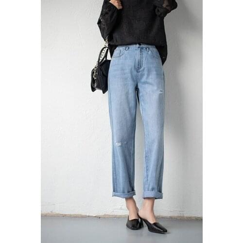 Jeans Women Ripped Hole High Waist Loose Straight Pant 2021 Spring Autumn Casual Long Trousers Fashion Comfort Washed Blue C2387