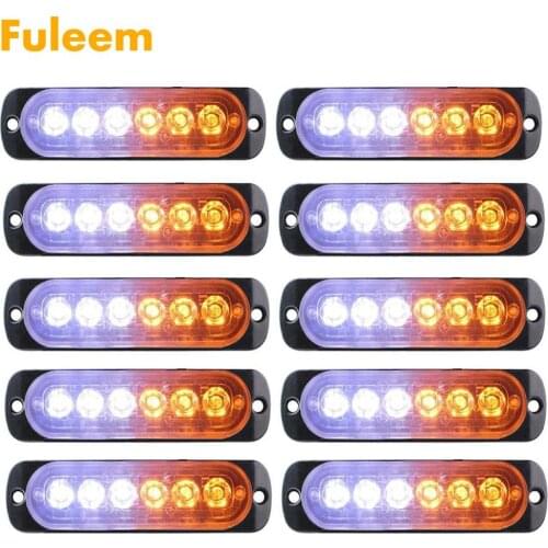 Fuleem 10PCS 18W Strobe 6 LED Light White Amber Emergency Hazard Flashing Warning Tow Truck 12V 24V Waterproof