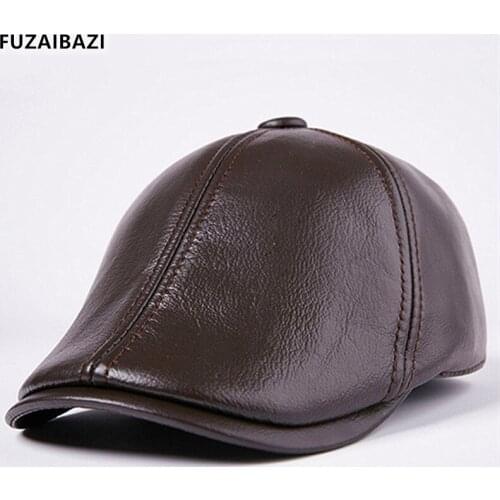 FUZAIBAZI Mens Fashion New Winter Genuine Leather Hats First Layer Cowhide Berets Male Bone Keep Warm Earmuffs Dads Hat